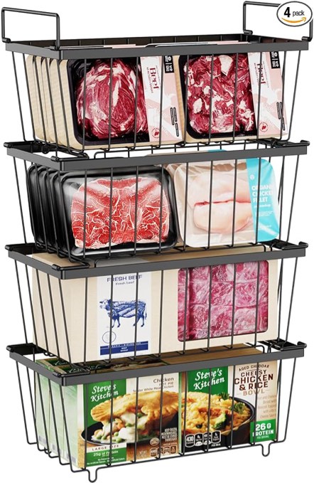 iSPECLE Freezer Organizer Bins - 4 Pack Stackable Chest Freezer Organizer for 5 and 7 Cu.FT Deep Freezer Sort Frozen Meats, Deep Freezer Organizer Bins with Handle Add Space Easy Reach, Black
