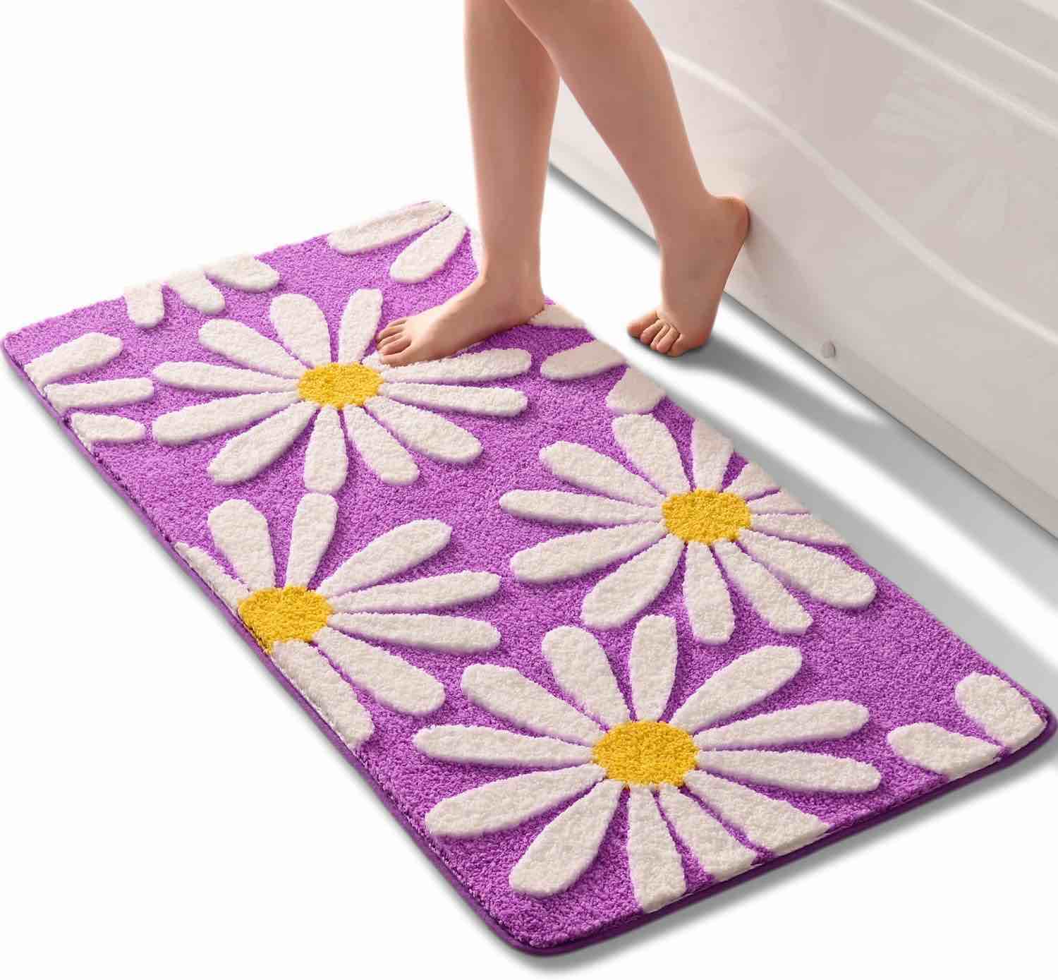 QJHOMO Purple Bathroom Rugs Cute Daisy Bath Mat White and Yellow Flower Decor Rug Non Slip Floor Carpet Microfiber Bathmat Super Absorbent Machine Washable Bathtub Mats for Shower (24x48 inch)