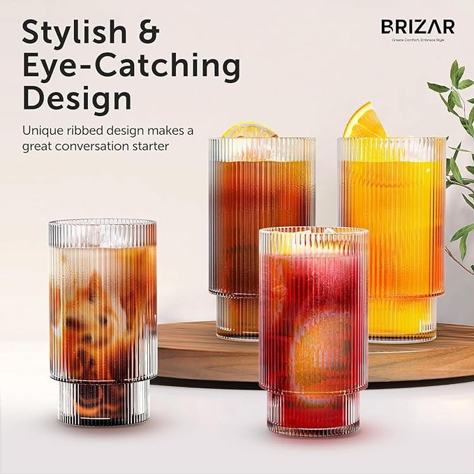                    BRIZAR Ribbed Glassware, Glass Cups with Straws Set of 6 - Ribbed Drinking Glasses 12 oz. - Aesthetic Ribbed Glasses for Iced Coffee, Tea, Water, Beer, Highballs, Collins, Cocktail Glasses