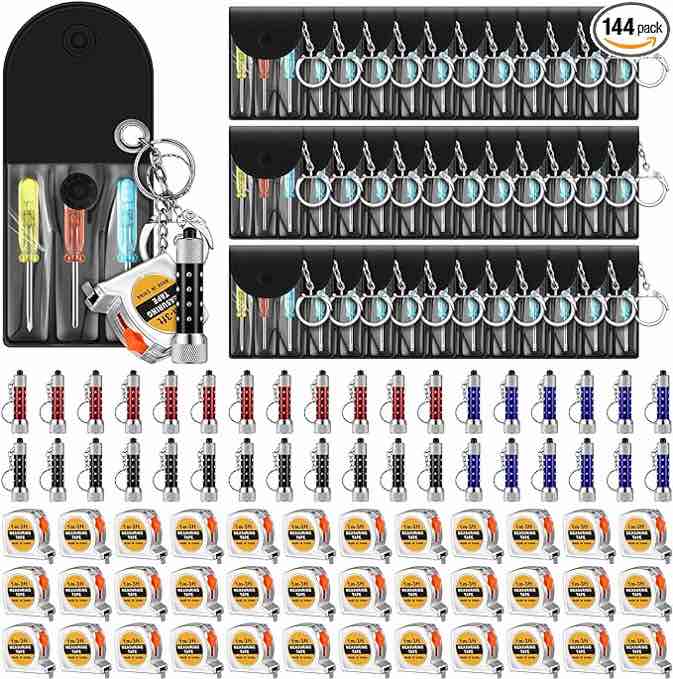 144 Pcs Mini Tape Measure Keychains Mini Screwdriver Keychain LED Lights Keychain Set Retractable Tape Measure Tool Party Favors Mini Hand Tool Bulk Gifts for Men Adult (Red,Black,Blue)