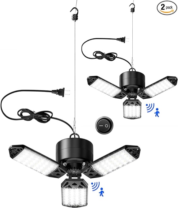 Craftersmark 2 Pack Motion Sensor Garage Light, 80W Plug in Shop Lights, 5.8G Motion Activated Garage Lights Ceiling Led,8000LM Deformable LED Garage Light for Workshop,Barn,Basement