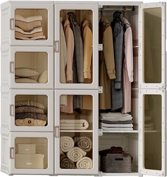 ANTBOX Portable Wardrobe Closet Storage Organizer for Clothes,Folding All-in-one Plastic Wardrobe with Magnetic Door and Easy Assembly 11 Doors-8 Cubes-2 Hanging Rod.