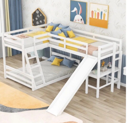 Twin Over Full Bunk Bed with Twin Size Loft Bed with Desk and Slide\ Full-Length Guardrail\ White