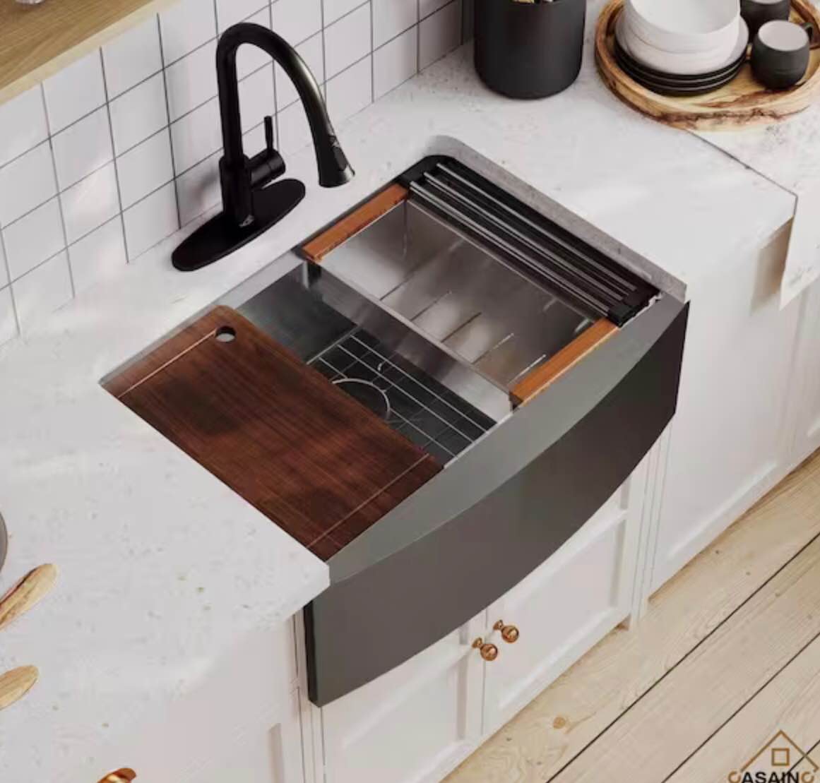 PEPO Stainless Steel Sink 36 in. 16-Gauge Single Bowl Farmhouse Apron Workstation Kitchen Sink in Brushed with Accessories