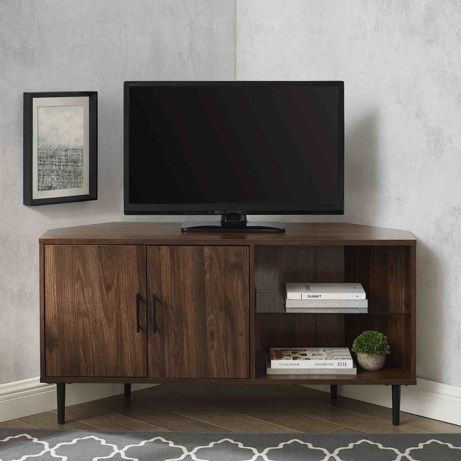 Corner TV Stand, White/Walnut