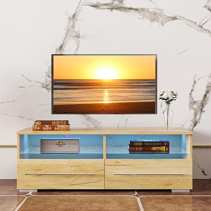 Airdown Y-TVST-Oak Wood Stand with LED Lights, 47”  Modern Entertainment Center for Gaming, Living Room, Bedroom, Console with Storage Cabinet for TV Up to 43 Inch