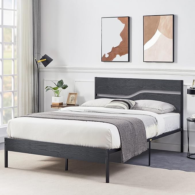 VECELO Platform Bed Frame Full Size with Black Wood Headboard, Mattress Foundation, Strong Metal Slats Support, No Box Spring Needed