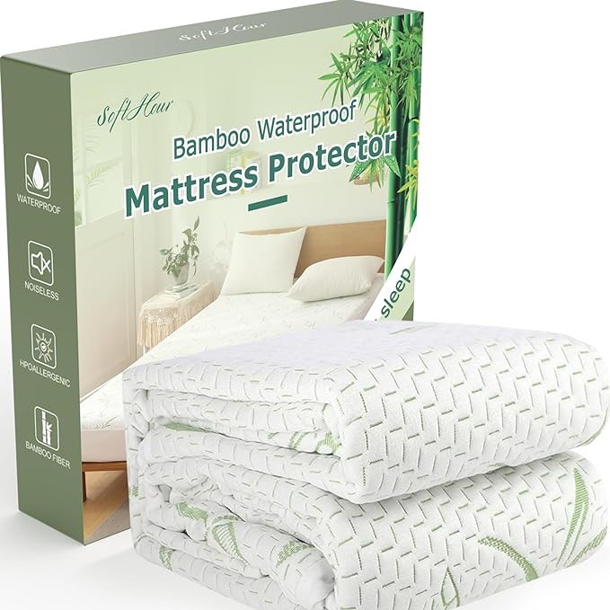 Waterproof Mattress Protector Queen Size Bamboo Rayon Cooling and Breathable Mattress Pad Cover, Deep Pocket Fitted Sheet-Up to 21" Hypoallergenic Mattress Protection 3D Air Bed Cover for Cozy Sleep