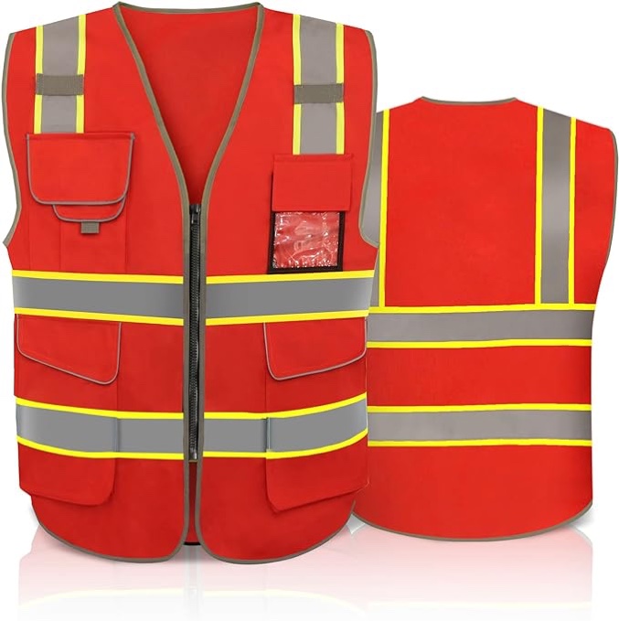 YAFOWUK 7 Pockets Class 2 High Visibility Safety Vest Reflective Neon Construction Vest with Pockets Zipper Front,Meets ANSI/ISEA Standards for Men Women Red XL