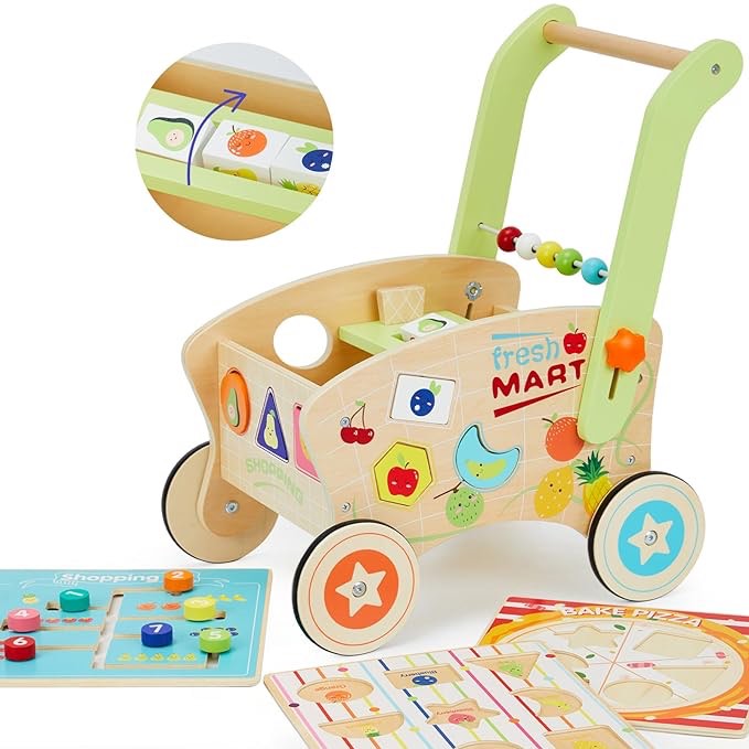 Frogprin Wooden Baby Walker, Baby Push Walker for 1-3, Toddler Shopping Cart for Girl and Boy Shape Sorting Grocery Cart Push & Pull Toy Adjustable Height Kids Learning Walker Montessori Toys