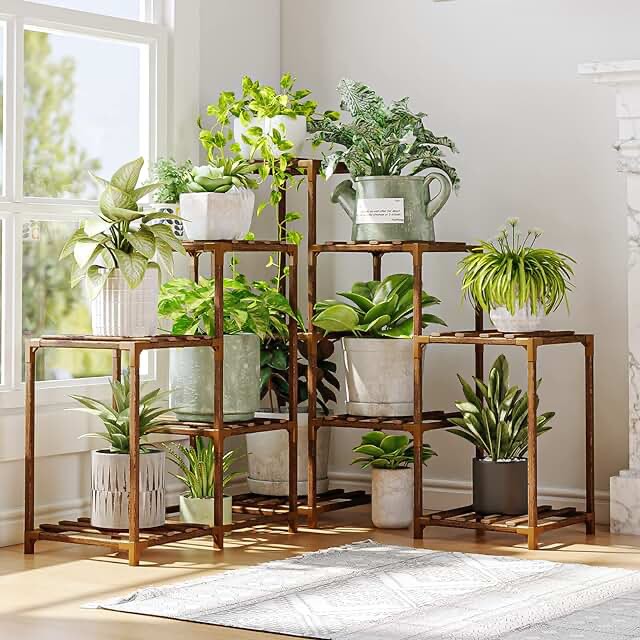 Plant Stand Indoor Outdoor, Uneedem Tall Plant Shelf for Multiple Plants, 10 Tiers 11 Pot Large Plant Rack Wood Plant Holder Plant Shelves for Room Corner Balcony Garden Patio