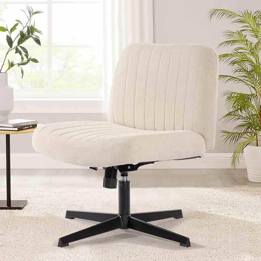 Criss Cross Chair No Wheels, Vanity Chair No Back, Armless Makeup Chair, Wide Desk Chair Cute, Height Adjustable Makeup Chair, Cross Legged Office Chair, Beige No Wheels