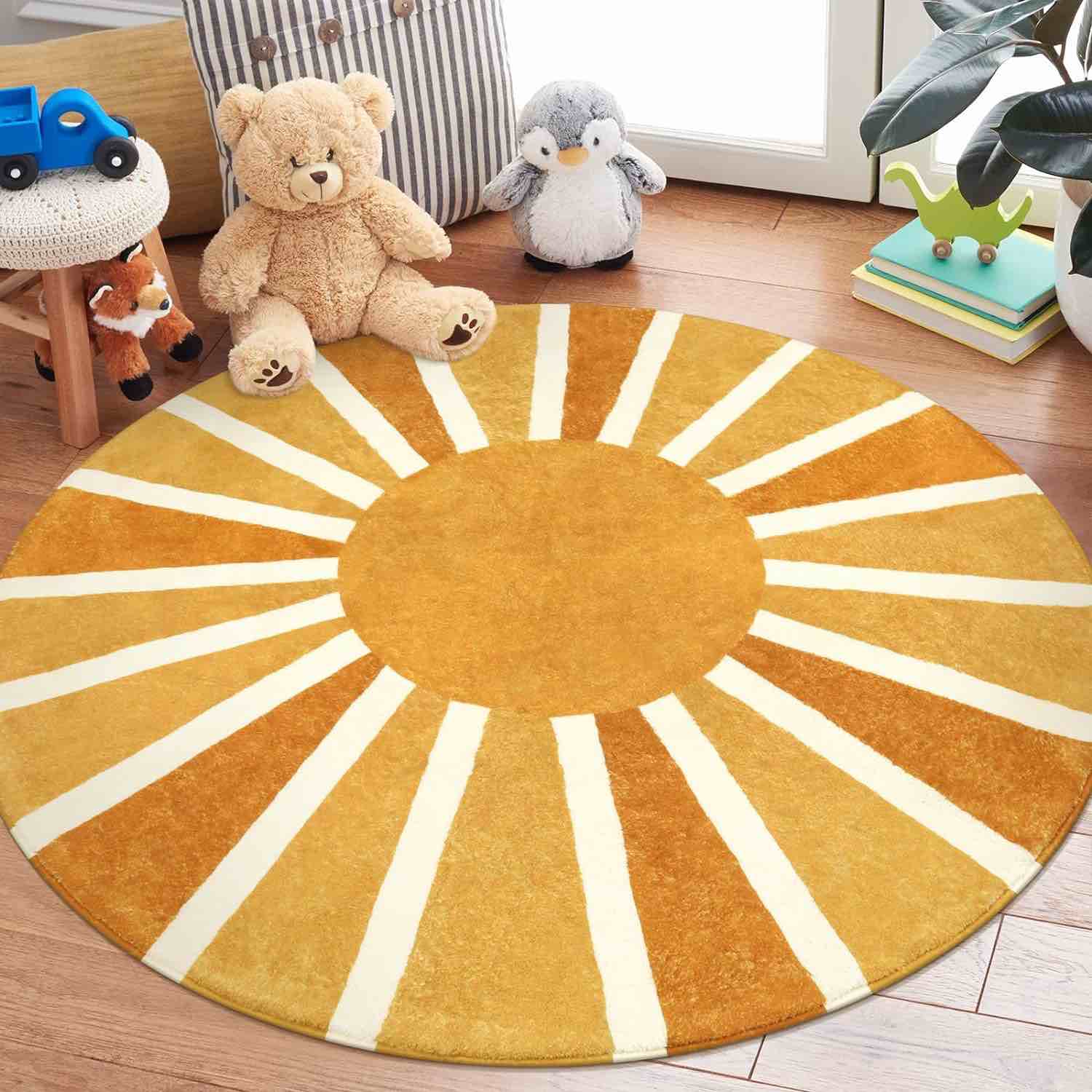Lahome Boho Round Rugs 6Ft - Washable Round Area Rugs for Living Room Non-Slip Throw Dining Room Rug Soft Large Round Rug, Cute Rainbow Sun Print Circle Rug for Office Classroom Bedroom Nursery