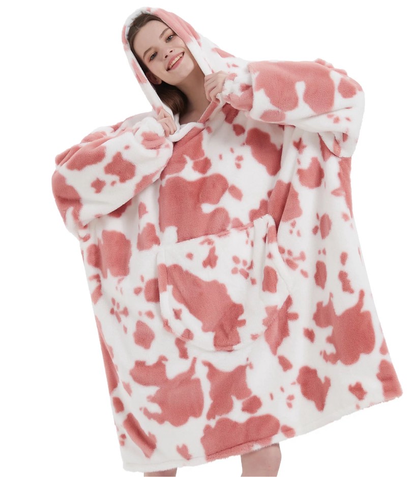 Softan Blanket Hoodie, Oversized Wearable Blanket for Adult Women and Men Gifts, Super Cozy Warm and Soft Hooded Blanket Sweatshirt, Pink Cow Print Faux Fur Blanket Sweatshirt with Large Pocket