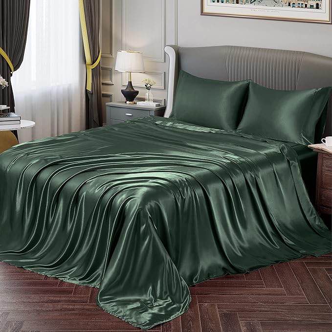 Koreyoshin 3 PCS Satin Sheets King Sheet Set Green 
