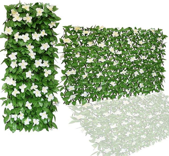 Expandable Faux Ivy Fence,Artificial Privacy Screen Decor for Outdoor Wall, Balcony and Patio, Single Sided Leaves (1,White Flower)
