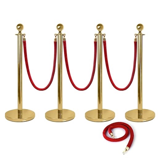 Carivia 4Pcs Gold Stanchion Posts Queue 38 Inch with 4pcs Red Velvet Rope, Crowd Control Barriers Queue Line Rope, Crowd Control Stanchion for Party Supplies