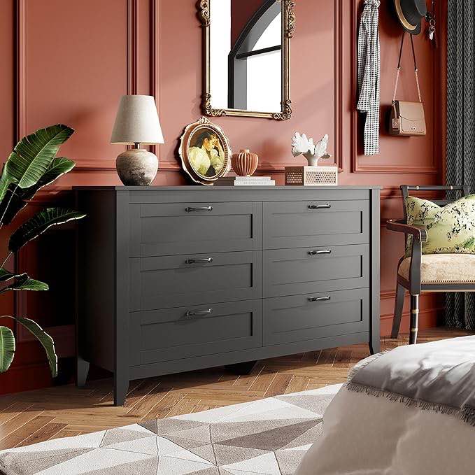 WLIVE 6 Drawer Dresser, Retro Chest of Drawers with Metal Handle, Double Wood Dresser for Bedroom, Living Room, Large Storage Cabinet, Black