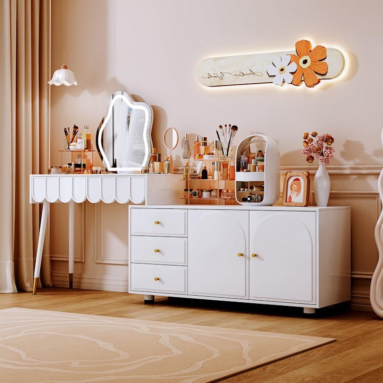 sbdmirau Vanity Desk,Retractable Makeup,with Lights Mirror and 5 Spacious Drawers,with Cabinet,with 3-Sections Silent Drawer Slides,Bedroom Essential Writing Desk Gift for Girls and Women
