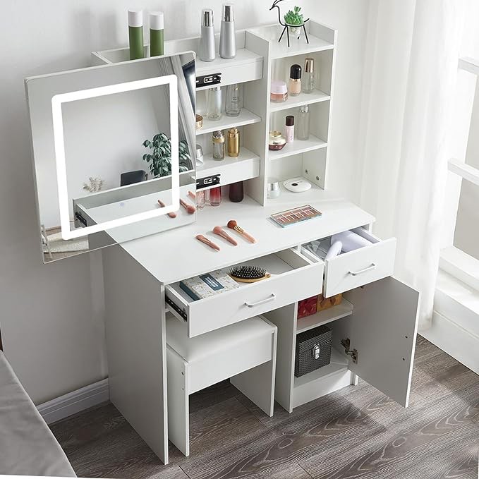Vanity Set Dressing Table with Lighted Mirror, Modern Storage Makeup Table with 5 Drawers and Stool,White (H3071LED)