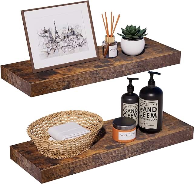 INHABIT UNION Rustic Brown Floating Shelves for Wall?24in Wall Mounted Display Ledge Shelves Perfect for Bedroom, Bathroom, Living Room and Kitchen Decoration Storage (Rustic Brown)…
