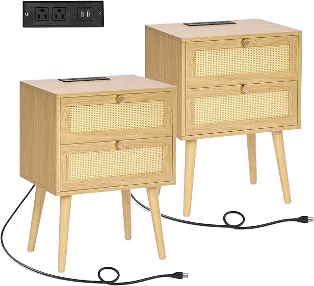 HOMSHO Rattan Nightstand with Charging Station,Set of 2, Side Table with 2 Drawers, Boho End Table for Bedroom, Living Room,Natural