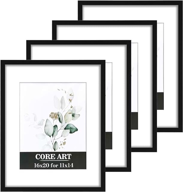 CORE ART 16x20 Frames 4 Pack, Black 16 x 20 Picture Poster Frame with Mat for 11x14 or without Mat for 16 by 20, Wall Mount Horizontal or Vertical Black 16x20 for 11x14
