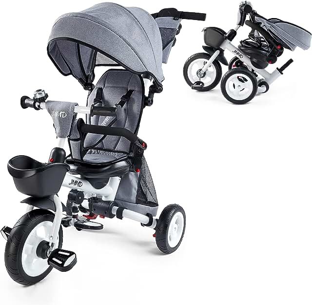 (Missing pieces)JMMD Baby Tricycle, 7-in-1 Folding Kids Trike with Adjustable Parent Handle, Safety Harness & Wheel Brakes, Removable Canopy, Storage, Stroller Bike Gift for Toddlers 18 Months - 5 Years, Grey Gray