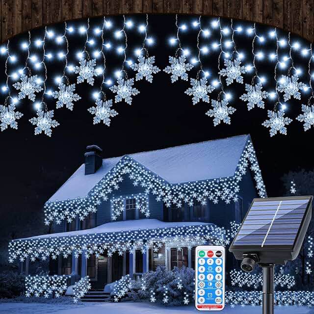 Retisee Solar Christmas Snowflake Lights, 49.21ft 418 LED Snowflake Icicle Lights with 70 Drops, 8 Modes, Timer, Christmas Fairy Lights for Window, Curtain, Eaves, Christmas Decorations