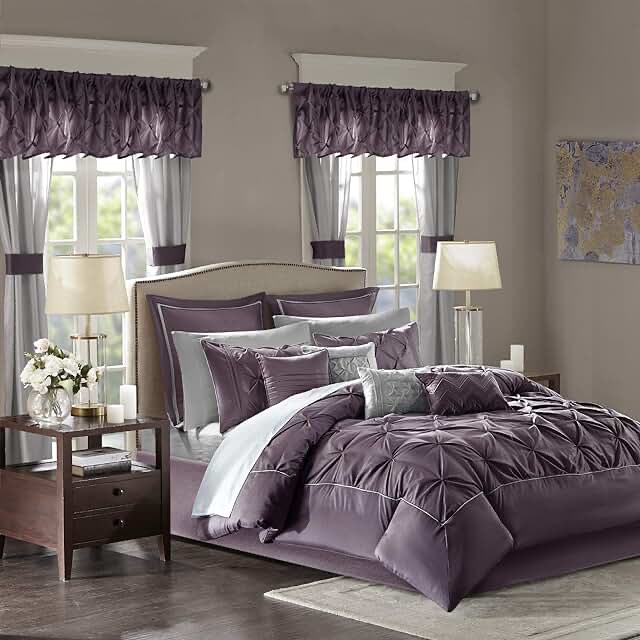 Madison Park Essentials King Comforter Set, 24 Piece Bedding With Matching Curtains, Decorative Pillows, Luxe Diamond Tufting , Room in a Bag Joella Collection, Plum King