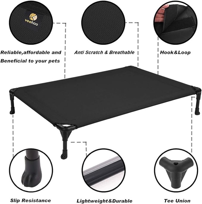 Veehoo Cooling Elevated Dog Bed, Portable Raised Pet Cot with Washable & Breathable Mesh, No-Slip Rubber Feet for Indoor & Outdoor Use, Large, Black
