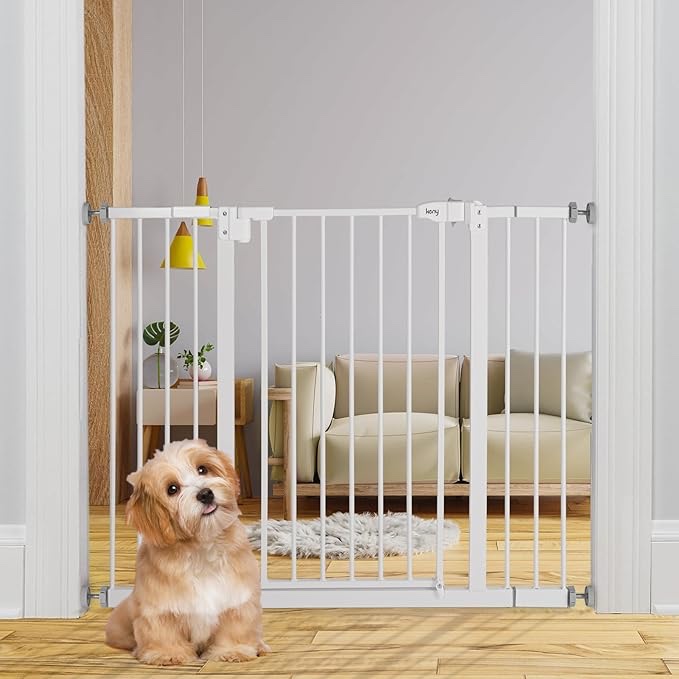 29"-42.5" Baby Gate for Stairs, Auto Close Safety Dog Gate, Pressure Mounted Easy Walk Through Pet Gate for Doorways, Durable Safety Stair Gate, 30" Tall, White