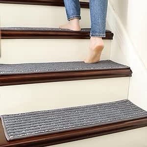 COSY HOMEER Edging Soft Stair Treads Non-Slip Carpet Mat 28inX9in Indoor Stair Runners Mat for Wooden Steps,Edging Stair Rugs for Kids and Dogs, 100% Polyester TPE Backing 15pcs,Grey