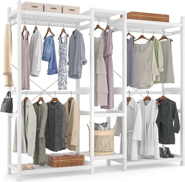 Homykic Bamboo Clothes Rack, Large Closet System Clothing Rack for Hanging Clothes, Freestanding Garment Rack with Shelves and 5 Rods, Open Wardrobe Organizer with 4 Hooks, 70â€_x009d_Wx77â€_x009d_H, White