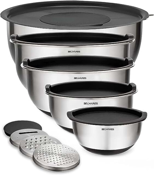 Belwares Mixing Bowls with Lids Set - Nesting Bowls with Airtight Lids + Graters - Stainless Steel Non-Slip Mixing Bowl for Baking, Food Storage and Prepping (Black, 5-Piece Set)