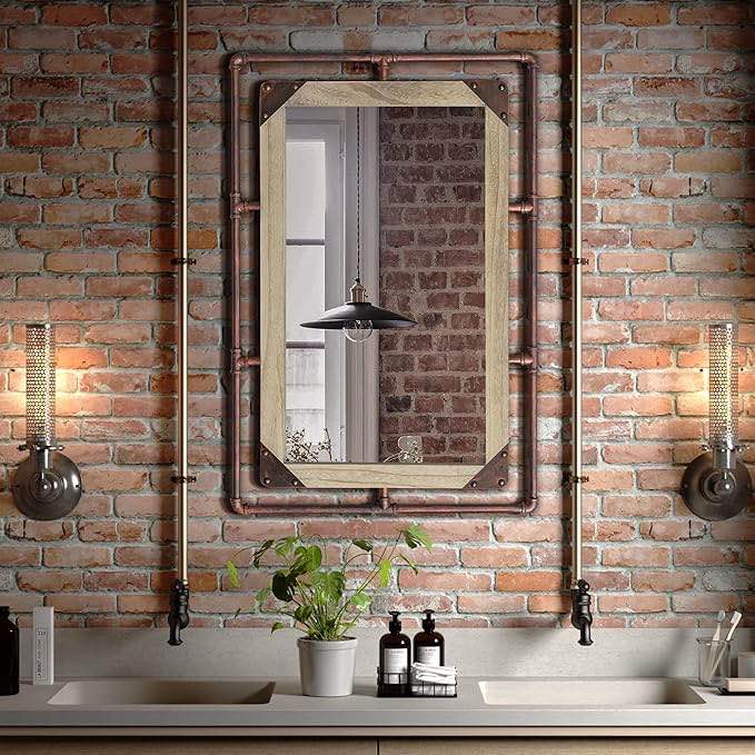 COGOOD Rustic Industrial Pipe Mirror - 36 x 24 Farmhouse Metal Rectangular Decorative Wall Mirror for Bathroom, Living Room, Bedroom, Entrance Wood Mirror, Vertical or Horizontal (Copper) Brown 36" x 24" picture similar