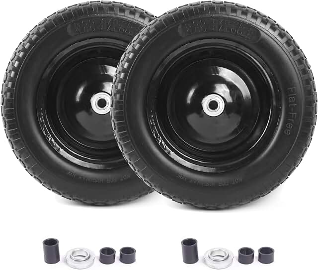 (2-PACK) 4.80/4.00-8" Flat Free Tire and Wheel - Universal Fit 14.5" Solid Wheelbarrow Tires with 3" Hub and 5/8" Bearings â€“ Extra Adapter kit includes 3/4" Ball Bearings, 1" and 1/2" Nylon Spacers