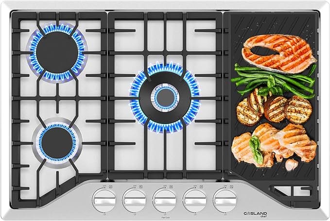 30" Gas Cooktop, GASLAND Chef PRO GH3305SF 5 Burner Gas Stovetop with Reversible Cast Iron Grill/Griddle, Gas Countertop Plug-in, NG/LPG Convertible Gas Cooktops, Stainless Steel