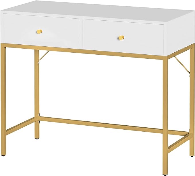 SUPERJARE Vanity Desk with 2 Drawers, Makeup Table with Golden Legs, Dressing Table for Bedroom, Computer Desk Wirting Console Table, Adjustable Feet, Metal Frame - White and Gold