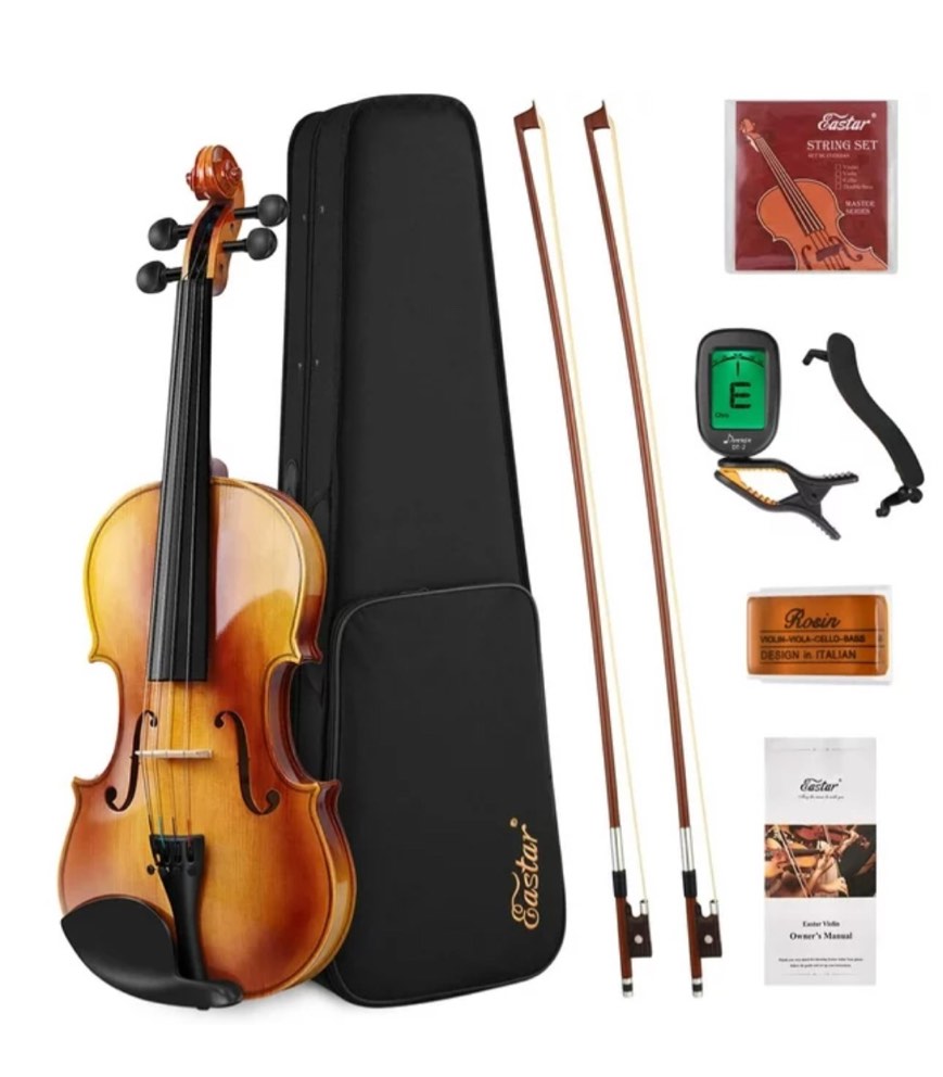Eastar 4/4 Violin Set for Adults Solidwood Full Size Fiddle with Hard Case, Shoulder Rest, Rosin, Two Bows, Clip-on Tuner and Extra Strings