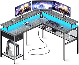 SUPERJARE 53 Inch L Shaped Desk with LED Lights & Power Outlets, Reversible Computer Desk with Shelves & Drawer, Corner Desk Home Office Desk, White