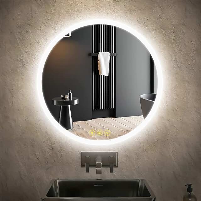 CITYMODA LED Lighted Bathroom Mirror 24inch Round Bathroom Mirror 3 Colors Light Dimmable Wall Mounted Bathroom Mirror with Lights Smart Anti-Fog with Touch Switch Round Lighted Mirror