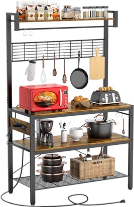 Topfurny Bakers Rack with Power Outlets and Led Lights, Coffee Station, Kitchen Storage Shelf, 7-Tier Microwave Stand Cart or Coffee Bar Table Organizer, for Spice, Pots and Pans Organizer, Black. SIMILAR TO LOT PHOTO 
