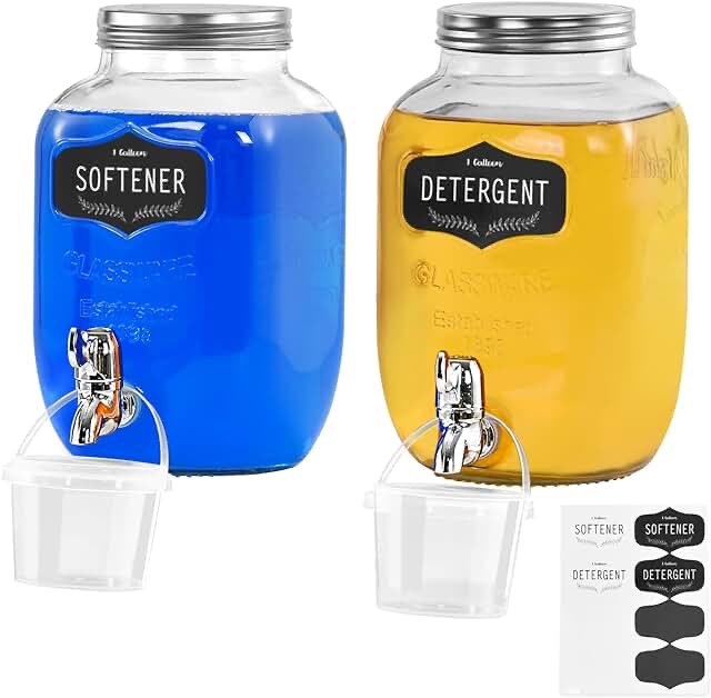 Laundry detergent dispenser with stainless steel tech, waterproof labels for liquid detergent, soap, fabric softener, two pieces