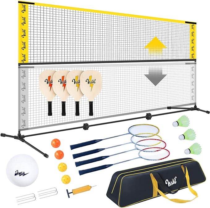 10FT Portable All-in-One Badminton, Pickleball and Kids’ Volleyball Net Set Half Court (10ft Wide x 7ft max Height) Small Outdoor Sports Set with Adjustable Net for Backyards Beach Driveway Game Family Half Court Net