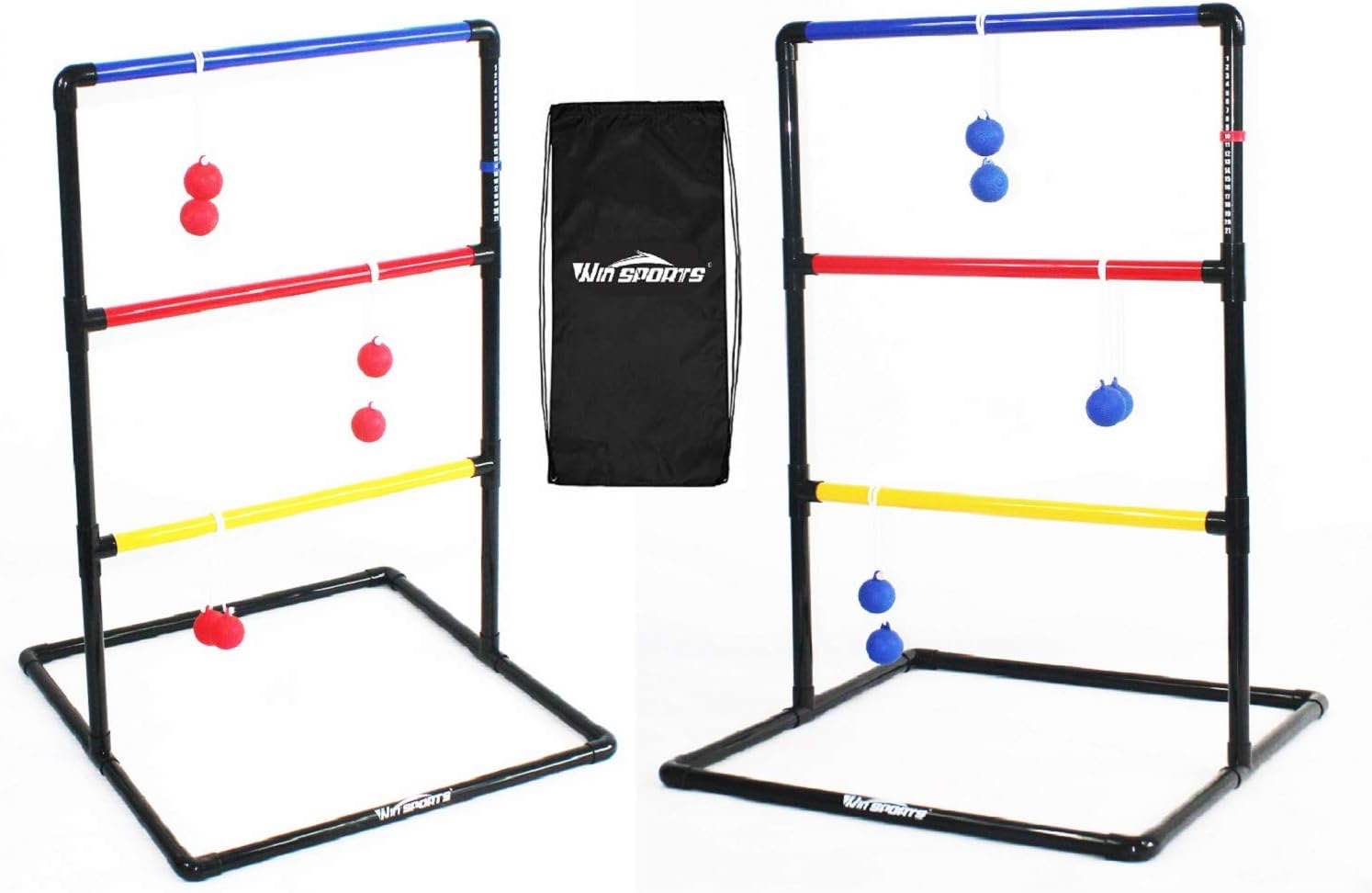 WIn SPORTS Ladder Toss Outdoor Game Set Indoor Ladder Ball Toss Game with 6 Weighted Bolos, Carrying Case and Sand Weighted PVC Piping,Games for Adults, Kids, Family Black
