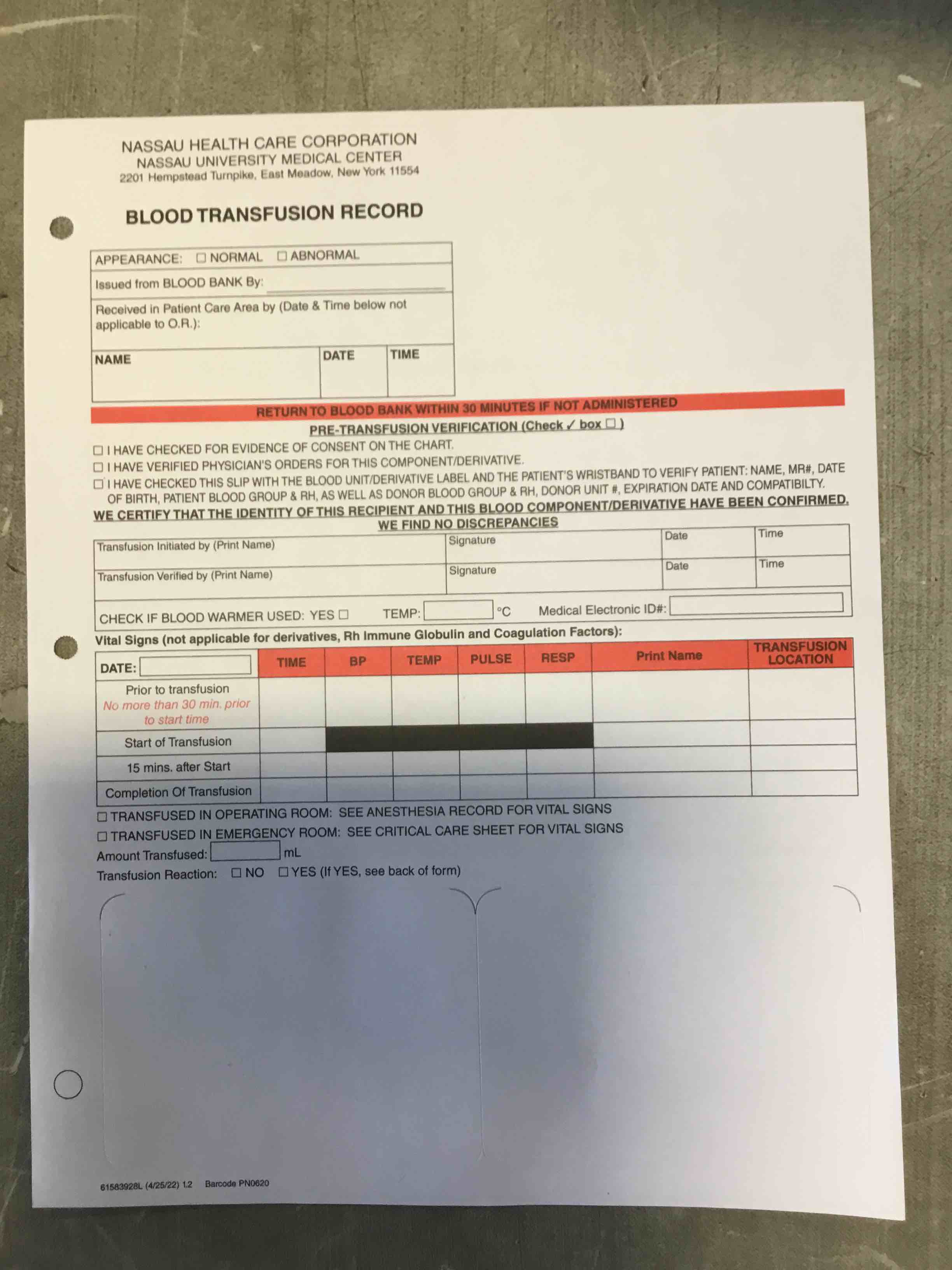 Form for “Blood Tranfusion Record NASSAU UNIVERSITY MEDICAL CENTER “ 15 pack 