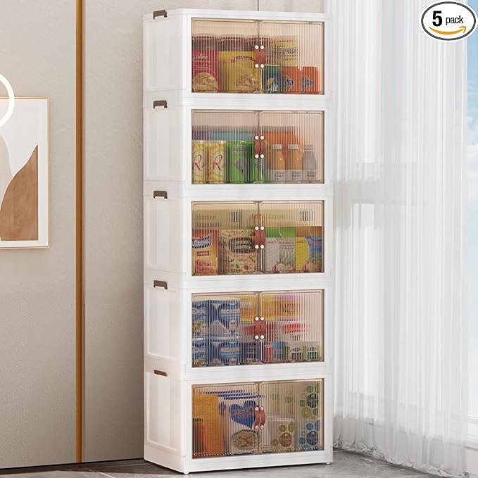 5 Pack 19.5 Gal(102 Qt) Folding Storage Bins with Lids, Closet Organizers and Storage, Plastic Stackable Storage Bins, Folding Storage Box, Collapsible Trunk Storage Bins with 8 Wheels (4 large and 4 small) & 1 lid