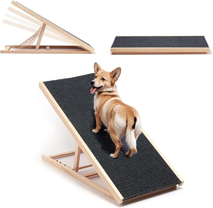 SweetBin 18" Tall Adjustable Pet Ramp - Small Dog Use Only - Wooden Folding Portable Dog & Cat Ramp Perfect for Couch or Bed with Non Slip Carpet Surface - 4 Levels Height Adjustable Up to 90Lbs
