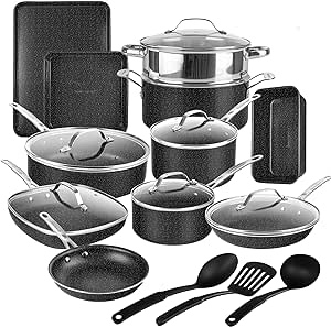 (similar ) (incomplete) Granitestone 20 Pc Black Pots and Pans Set Non Stick, Kitchen Cookware Sets, Pot and Pan Set, Diamond Coated Non Stick Pots and Pan Set with + Utensils, Non Toxic Cookware Set, Oven & Dishwasher Safe